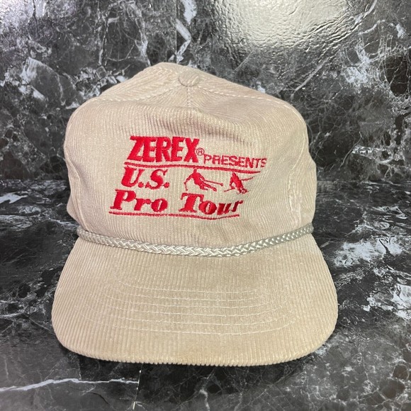Vintage Zerek US Ski Pro Tour Beige Red Corduroy Rope Cap Hat Winter Skiing Men - Picture 1 of 7